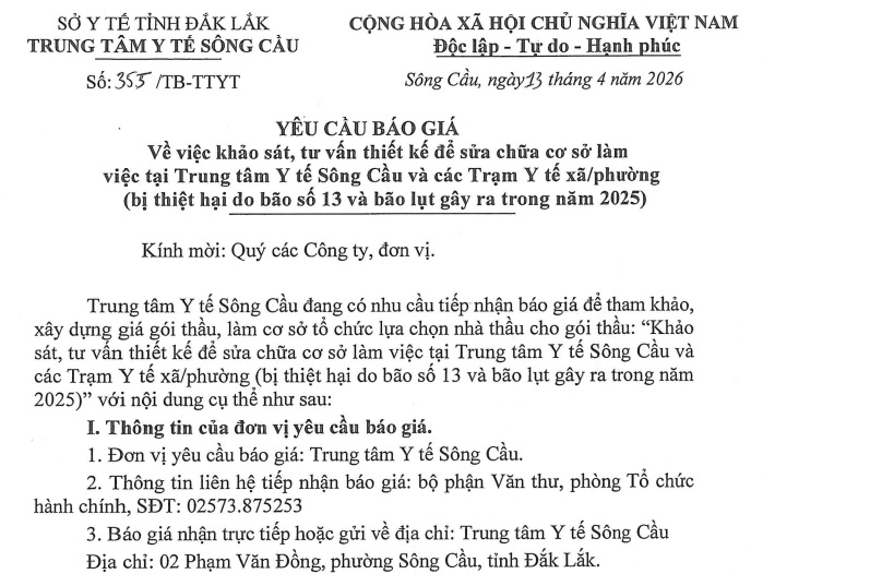 YCBG khảo sát tư vấn thiết kế để sửa chữa cơ sở làm việc tại Trung tâm Y tế Sông Cầu và cá trạm xã, 